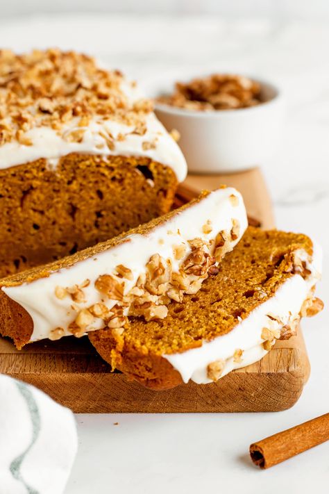 Pumpkin Bread with Cream Cheese Frosting via @mommakesdinner Pumpkin Bread Recipe Cream Cheese Frosting, Pumpkin Loaf With Cream Cheese Icing, Frosted Pumpkin Bread, Pumpkin Spice Loaf With Cream Cheese, Cream Cheese Frosting Pumpkin Bread, Cream Cheese Icing For Pumpkin Bread, Pumpkin Bread With Frosting, Pumpkin Bread With Cream Cheese Icing, Frosting For Pumpkin Bread