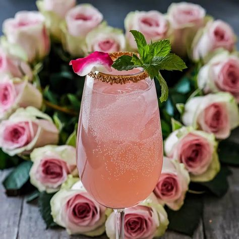 Sparkling Rose Mocktail Sparkling Rose Mocktails, Rose Mocktail Recipe, Pink Mocktail, Baby Shower Mocktails, Mocktail Drink, Rose Syrup, Easy Mocktail Recipes, Mocktail Drinks, Sparkling Juice