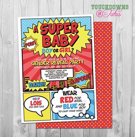 Super Hero Gender Reveal Ideas, Marvel Gender Reveal, Superhero Gender Reveal, Baby Reveal Ideas, Super Boy, Superhero Baby Shower, Gender Reveal Party Invitations, Girl Gender Reveal, Gender Party