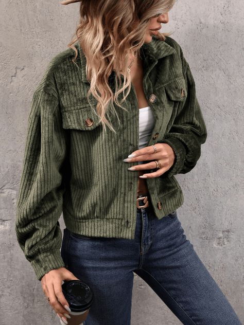 Corduroy Shacket, Jacket With Pockets, Crop Top Blouse, Corduroy Jacket, Green Jacket, Cardigan Jacket, Care Instructions, Coats Jackets, Cute Outfits