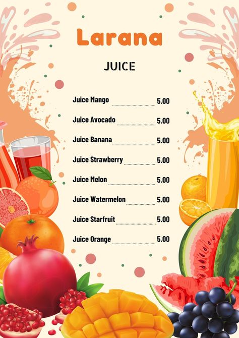 Colorful Larana Juice Drink Menu - Templates by Canva Juice Bar Menu Design, Bar Menu Design, Juice Bar Menu, Drink Menu Template, Juice Drinks, Juice Bar, Bar Menu, Drink Menu, Menu Template