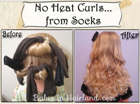 No Heat Curls - From Socks No Heat Curls, Sock Curls, No Heat Hair, Curls Without Heat, Heat Curls, Rollers Hair, Curl Tutorial, Vintage Curls, Hair Without Heat