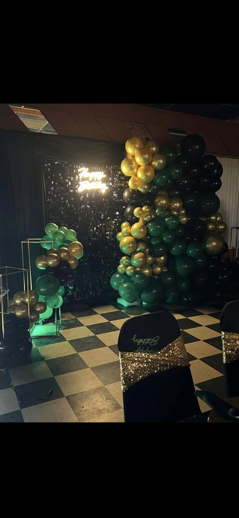 Balloon wall, Sequin Panels, Black, green and Gold 70th Birthday Decor, Birthday Balloons Black, Shimmer Wall, Birthday Event, Balloon Wall, Gold Birthday, Balloon Arch, Green Wall, Green Gold