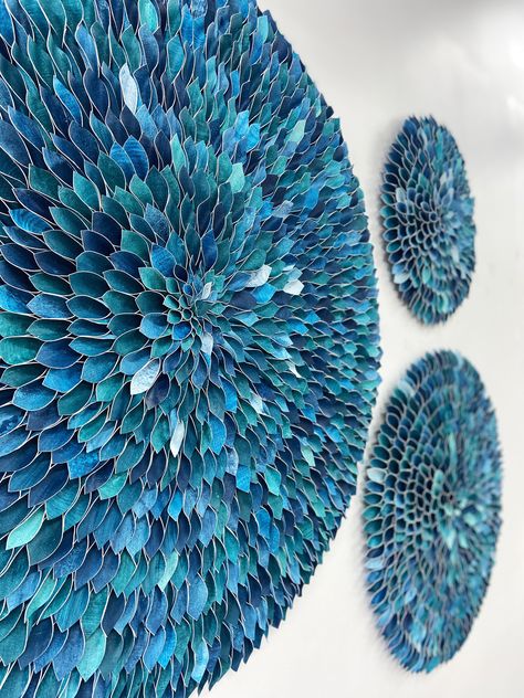 Emily Mann, Ink and Indigo, 48”, 36” and 24” dia dimensional wall sculptures composed of canvas, plaster, and paint, detail view 2_ Paper Artsy, Dimensional Wall Art, Textile Wall Hangings, Clay Wall Art, Textile Wall Art, Dimensional Wall, Clay Wall, Hanging Canvas, Art Painting Acrylic