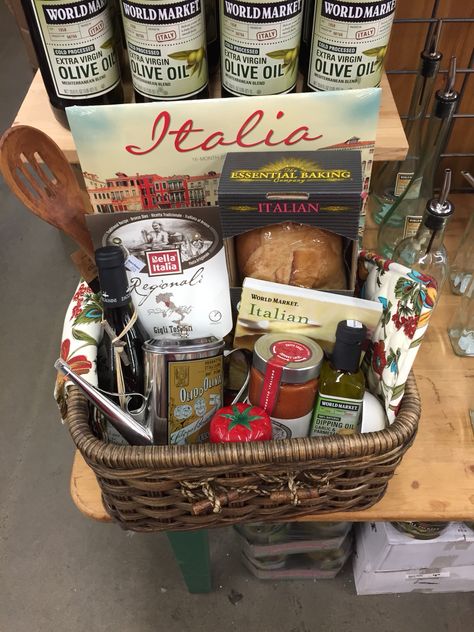 Italian Date Night gift basket from World Market Date Night Hamper Gift Ideas, Italian Night Gift Basket, Italy Themed Gift Basket, World Market Gift Basket Ideas, Italian Themed Gift Basket, Italian Gift Basket Ideas, Italy Gift Basket, Date Night Gift Basket Ideas, Italian Date Night