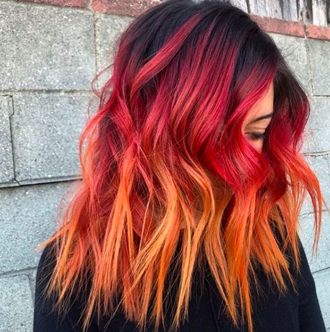 Red And Orange Hair, Dramatic Hair Colors, Dark Ombre Hair, Red Ombre Hair, Hot Cheetos, Fire Hair, Dramatic Hair, Vibrant Hair, Dimensional Color