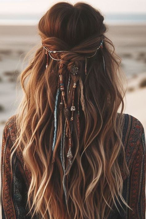 70s Hippie Hairstyles, Cute Boho Hairstyles, Hippy Hairstyles, Boho Hair Styles, Hippie Wedding Hair, Hippy Hair, Boho Hairstyles For Long Hair, Boho Chic Hair, Romantic Braid