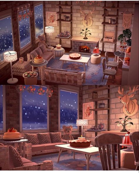 Animal Crossing Cozy Living Room, Acnh Cozy Island Ideas, Cozy Animal Crossing, Acnh Areas, Acnh Living Rooms Ideas, Fae Farm, Acnh House, Cozy Winter Cabin, Ski Room