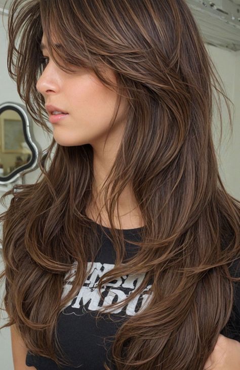 Rich Chocolate Wind-Swept Layers with Curtain Bangs, Cute Layered Hairstyle For Long Hair, long layered haircut Side Swept Bangs Long Hair, Half Long Hair, Layers With Curtain Bangs, Haircut Ideas Brown Hair, Ideas Haircut, Bangs Ponytail, Layered Haircuts With Bangs, Hair Dye Ideas, Hair Inspiration Long