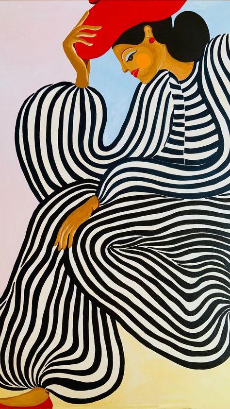 Bold, undulating black and white stripes contrast pastel shades of pink, blue, yellow background. A woman rests with her head in hand. Art Deco Paintings, Abstract Portrait Painting, Contemporary Art Painting, Abstract Portrait, Diy Art Painting, Art Movement, Art Abstrait, Figurative Art, Contemporary Paintings