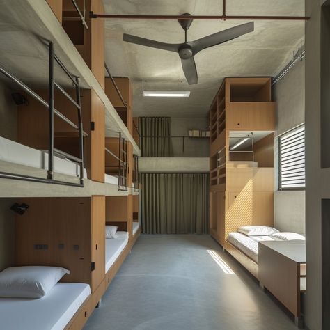 The semi-private bedroom features a compact ten-by-six-meter room, accommodating six individuals. The room is thoughtfully designed, with concrete and oak-ashen wood finishes creating a modern and sturdy aesthetic. Each occupant has their designated sleeping area, study space, and wardrobe, promoting a functional and organized environment. A touch of green accents adds a refreshing and calming element to the overall design. Sturdy Aesthetic, Private Bedroom, Wood Finishes, Study Space, Green Accents, Bunk Beds, Guest House, Wood Finish, Villa