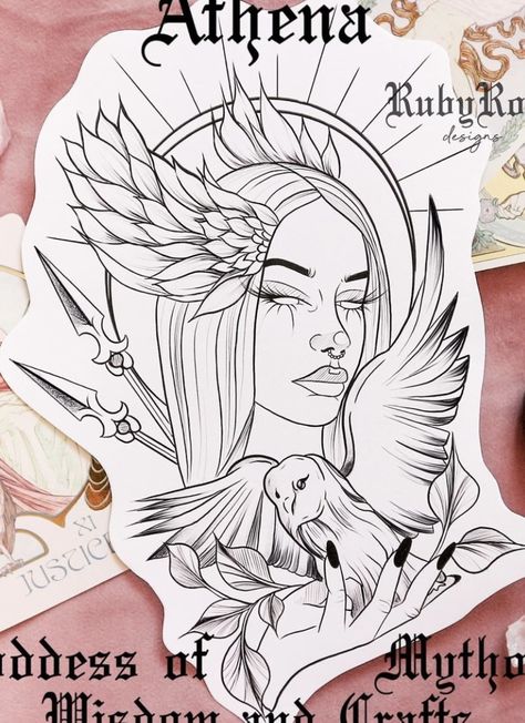 Rubyrose Designs, Ruby Rose Tattoo, Fine Line Tattoo Designs, Goddess Portrait, Line Tattoo Designs, Greek Goddess Tattoo, Greek Drawing, Sagittarius Tattoo Designs, Athena Greek Goddess