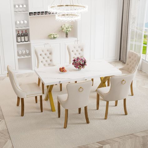 PRICES MAY VARY. [Farmhouse Wood Dining Table Set with Non-slip Mads] This farmhouse dining set includes 1 table and 6 chairs, and it is charming and suitable for all home styles. Plus, we always insist on high quality products. The plated metal frame matches the non-slip feet we use, which are durable and sturdy, so it must be an ideal furniture choice. [High Quality & Durable Tufted Chairs] This retro dining chair is made of premium velvet with plenty decorative rivet design, and the nailhead Mid Century Modern Kitchen Table, White Dining Room Table, Modern Kitchen Table, Marble Dining Table Set, Faux Marble Dining Table, Kitchen Table Set, Marble Dining Table, White Dining Room, Mid Century Modern Kitchen