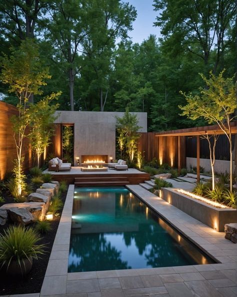 Large Garden With Pool, Modern Backyard Trees, Villa Pool Garden, Contemporary Pool Landscaping, Large Backyard Pool Landscaping, Outside Pool Area Ideas, Large Backyard Layout, Large Backyard Ideas Layout, Large Backyard Ideas