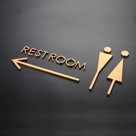 Luxury Matt Surface Metal Washroom Sign, Bathroom Sign, Restroom Sign, Toilet Sign, Arrow Sign Each custom bathroom sign is modern designed with metal suitable for office, hotel, restaurant or shopping mall. Superglue is required to install the sign. Thickness: 4-5mm Material: Aluminum Metal (Matt surface) Dimension 18x36.6cm (7.08x14.4"), Men: 18x4.4cm (7.08x1.73"), Women: 18x4.2cm (7.08x1.65") Color: Black, Silver and Gold available Instruction: 1. Remove the die cut area from the cardboard 2. Black And Gold Office, Washroom Sign, Luxurious Kitchens, Restrooms Signage, Toilette Design, Modern Restaurant Design, Rest Room, Restroom Design, Gold Office