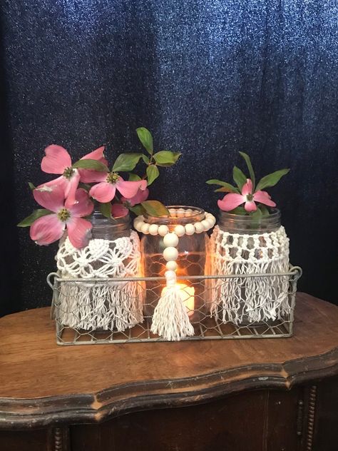 Triple Glass Jar Vase 2 Macrame and 1 With Wood Beaded | Etsy Table With Crystals, Macrame Jars, Macrame Bottle, Wood Beaded Garland, Chicken Wire Basket, Table Pieces, Burlap Mason Jars, Memorial Ideas, Diy Boho Decor