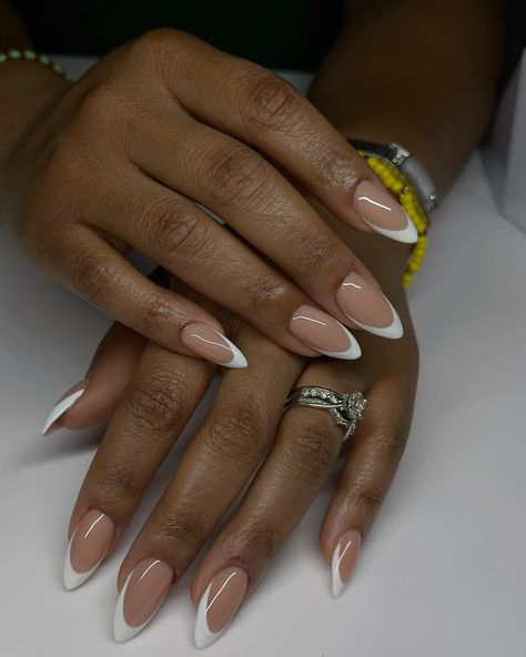 Happy Friday 🫂 #dovenailsbysharon Creative French Manicure, Gel Nails French Tip Color, French Oval Nails Design, Nail Extensions For Dark Skin, Almond Shape Nails Black Women, Neutral Almond Nails Classy Black Women, Almond Nails Dark Skin Tone, French Nails 2024, Almond Nail Black Women