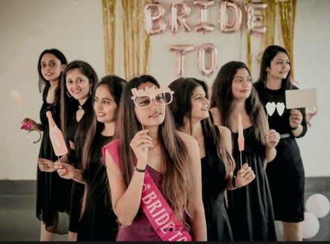 Bride To Be Photoshoot With Sisters, Bride To Be Poses Ideas, Bride To Be Indian Party, Bachelor Party Poses For Bride, Bridal To Be Photoshoot, Bachelor Party Poses, Bride Shower Photoshoot, Bride To Be Party Dress, Bride To Be Photo Poses