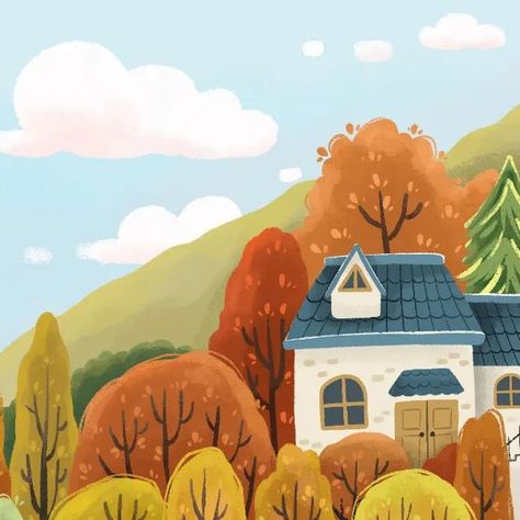 Rizka Nurfazrina on Instagram: "Cozy cottage ❤ #cozyautumndrawing challenge ✨ Timelapse video 👉  #illustration #autumn #artwork #cuteillustration #autumnillustration  #september #cozy #cottage #procreate" Cartoon Houses Illustration, Kim Smith Illustration, Cozy Autumn Illustration, September Illustration, Cozy Grove, Cottage Drawing, Cozy Illustration, Autumn Artwork, Art Elementary