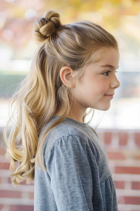 25 Cutest First Day of School Hairstyle Ideas Fun School Hairstyles, Kids Half Up Hairstyles, Girls First Day Of School Hairstyles, Girls Half Up Half Down Hairstyles Kids, Kids Half Up Half Down Hair, Girl Hair Styles For School, Easy Girls Hairstyles For School Kids, Kids Picture Day Hairstyles, Hair For Picture Day