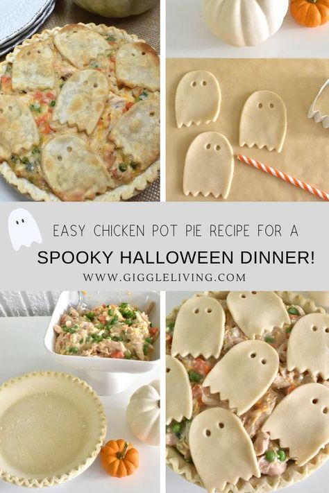 Easy pot pie recipe for Halloween Ghost Pot Pie, Halloween Dinner Main Course, Friday The 13th Meal Ideas, Over The Garden Wall Recipe, Halloween Pot Pie, Halloween Chicken Pot Pie, Easy Pot Pie Recipe, Halloween Meal Ideas, Halloween Pie