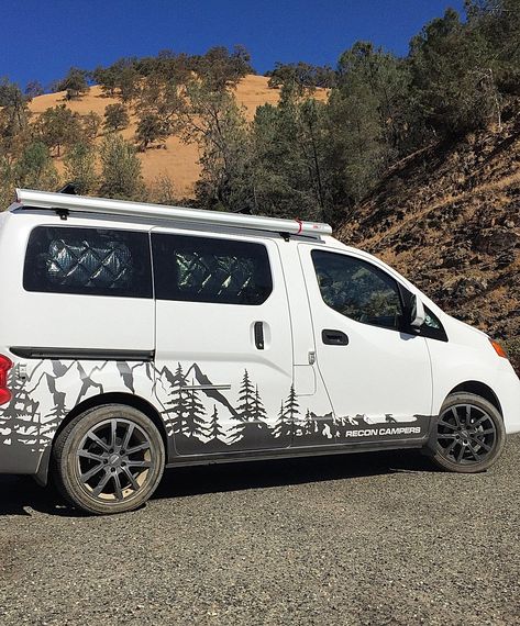 Nv200 Camper, Bike Work Stand, Woodland Wall Decals, Vans Painted, Pop Top Camper, Bus Wrap, Camper Art, Nissan Nv200, Van Wrap