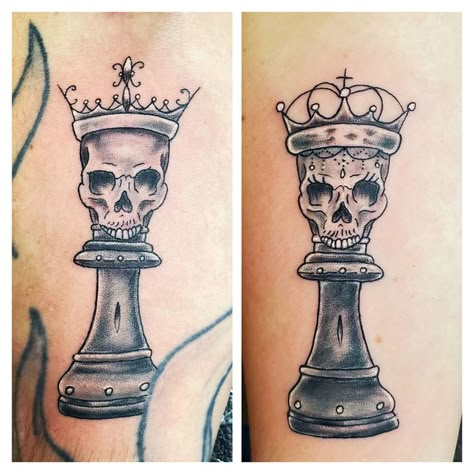 King Queen Skull Tattoo, King And Queen Chess Pieces Tattoo, Queen And King Chess Piece Tattoo, Skull King And Queen Tattoo, King Queen Chess Piece Tattoo, King And Queen Skull Tattoo, King And Queen Chess Tattoo, King And Queen Chess Piece Tattoo, Chess Queen Tattoo