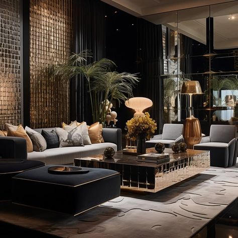 a living space where plush upholstery and matte finishes coexist with glossy elements Winery Interior, Dark Lounge, Black And Gold Living Room, Dark Deco, Grand Villa, Living Room Decor Lights, Wall Art Decor Bedroom, Luxe Living Room, Gold Living