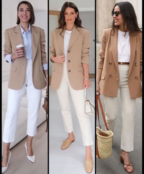 Looks Blazer, Cream Trousers, Fashion Vocabulary, Beige Blazer, Business Casual Outfits For Work, Blazer Beige, Classy Work Outfits, Stylish Work Outfits, Casual Work Outfits