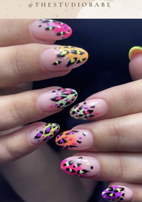 Leopard Print Nail Designs, Nail Designs Bright, Mismatch Nails, Neon French Tips, Animal Print Nail Art, Neon Animal Print, Leopard Print Nail, Print Nail Art, Cheetah Nail Designs