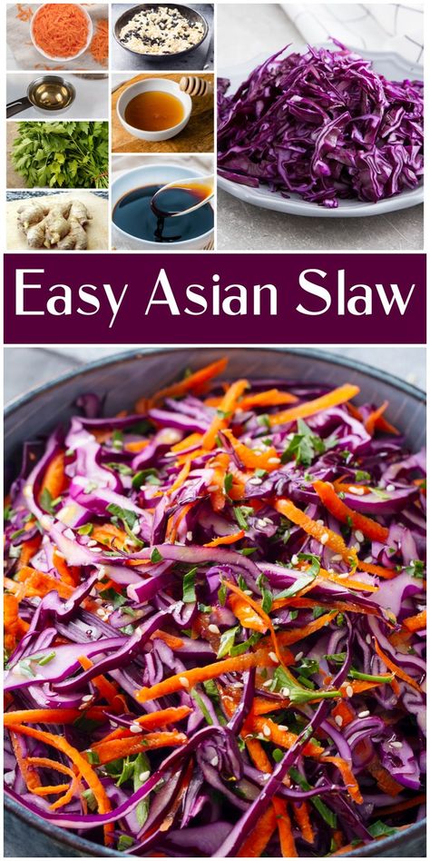 Red Cabbage Asian Slaw, Carrot Slaw Recipe Cider Vinegar, Asian Slaw With Sesame Ginger Dressing, Korean Slaw Recipes, Cabbage Carrot Slaw, Asian Cabbage Slaw, Purple Cabbage Salad, Purple Cabbage Recipes, Cold Slaw