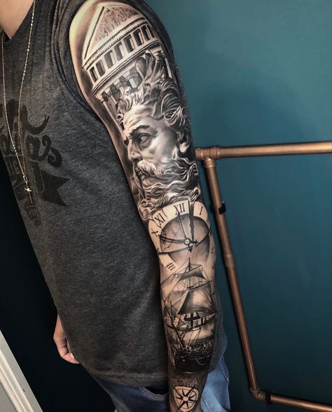 Religous Tattoo Designs Men, Posiden Tattoo Sleeve, Guanyin Tattoo, Poseidon Tattoo Sleeve, Arm Tattoo Men Forearm, Tattoo Men Forearm, Upper Arm Tattoos For Guys, Religous Tattoo, Black Crow Tattoos