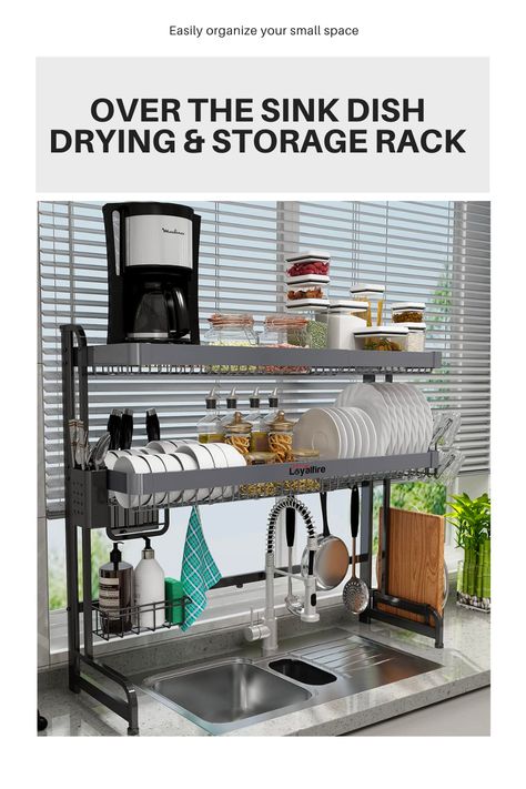 Over Sink Dish Drying Rack has 3 Tier with Adjustable Length (20.87''~37.6'') Made of Stainless Steel with Large Storage Kitchen Dish Rack it is also Expandable has Utensil and Cup Holder #affiliate Over Sink Dish Drying Rack, Over Kitchen Sink, Organiser Cucina, Kitchen Space Savers, Sink Dish Rack, Kitchen Sink Storage, Dish Drying Rack, Over Sink, Countertop Organizer