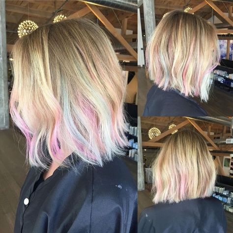 Blond With Color Peekaboo, Blonde Hair Pastel Highlights, Pastel Highlights In Blonde Hair, Pastel Hair Colors With Blonde, Balayage Highlights Short Hair, Curly Blue Hair, Short Hair Highlights, Pink Blonde Hair, Peekaboo Hair