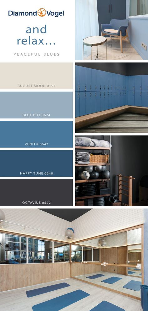 Calm and collected, this selection of blue hues is designed to create a restorative atmosphere for health and wellness environments. Paint Colors by Diamond Vogel: August Moon 0194, Blue Pot 0624, Zenith 0647, Happy Tune 0648, and Octavius 0522. Health Color Palette, Blue Paint Color Palettes, August Moon, Blue Health, Blue Paint Colors, Paint Color Palettes, Room Goals, Blue Paint, Paint Color