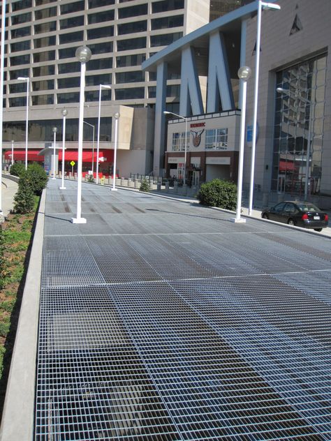 Steel Walkway, Metal Grate Floor, Perforated Metal Balustrade, Metal Mesh Architecture, Steel Grating, Perforated Metal Facade Detail, Terrace Park, House Redesign, Metal Stairs