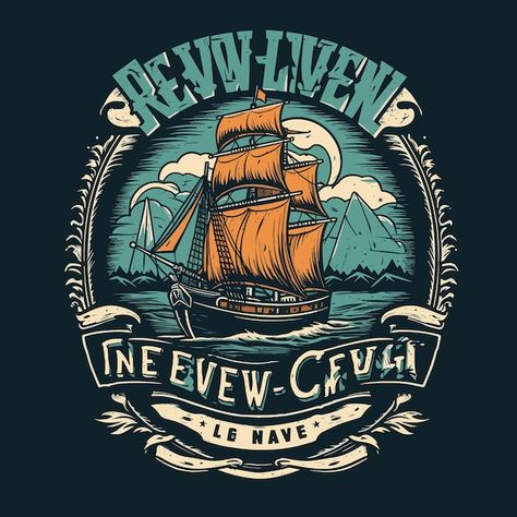 Clothing brand t shirt design old sailin... | Premium Vector #Freepik #vector #ocean #boat #sea #vintage Vintage Brands Clothing, Brand T Shirt Design, T Shirt Sticker Design, Tshirt Images, Tshirt Printing Business, Vector Clothes, Vintage T Shirt Design, Train Illustration, T-shirt Design Illustration