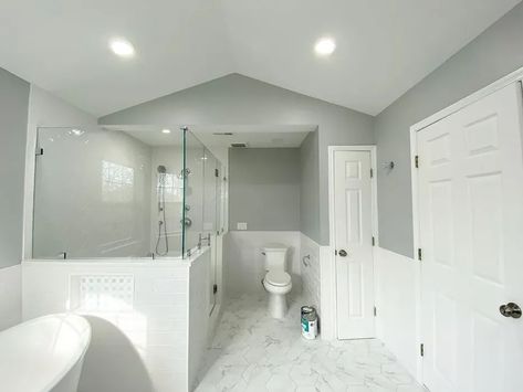 Benjamin Moore Stonington Gray Bathroom Stonington Gray Bathroom, Stonington Gray Benjamin Moore Exterior, Benjamin Moore Stonington Gray, Benjamin Moore Bathroom, Benjamin Moore Exterior, Stonington Gray, Warm Paint Colors, Choosing Paint, Primary Bath