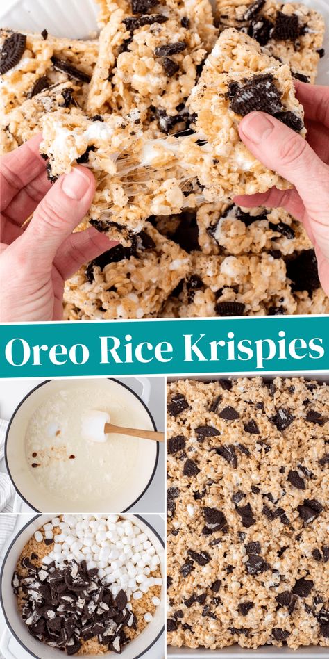 Indulge in the ultimate dessert mashup with these irresistible Oreo Rice Krispie Treats! Crunchy Rice Krispies and chunks of Oreo cookies are blended together and smothered in gooey marshmallow, creating an upgraded version of a classic rice krispie treat recipe! Oreo Rice Crispy Treats, Oreo Krispie Treats, Oreo Rice Krispies, Tv Snacks, Oreo Rice Krispie Treats, Homemade Rice Krispies, Oreo Rice, Crunchy Rice, Homemade Rice Krispies Treats