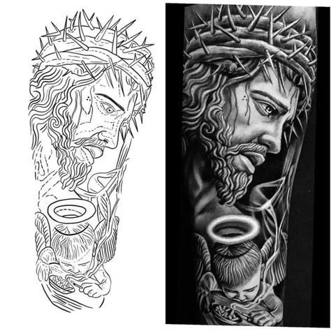 Realistic black and gray tattoo with stencil. Realistic Stencil Tattoo, Black And Grey Tattoo Stencil, Black Jesus Tattoo Design, Realistic Tattoo Design Ideas, Black Jesus Tattoo, Realistic Tattoo Stencil, Jesus Tattoo Stencil, Realism Tattoo Stencil, Black And Gray Tattoo Design