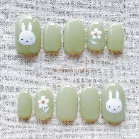 Miffy Nails, Kawaii Nail Art, Kutek Disney, Cute Simple Nails, Anime Nails, Korean Nails, Green Nail, Animal Nails, Pretty Gel Nails