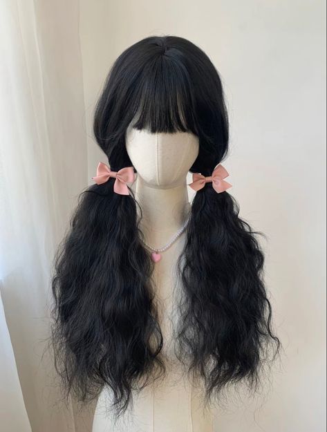 Full Bangs Long Hair, Black Pigtails, Low Pigtails, Winter Blonde Hair, Medium Long Haircuts, Cosplay Hair, Kawaii Hairstyles, Pigtail Hairstyles, Ribbon Hairstyle