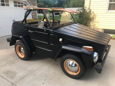 The Type 181 Volkswagen Thing is not a pretty car…but it is pretty useful. The thing started life in the 1960s as an off-road capable light vehicle designed for West German military use, but VW built a civilian version a few years later. Today we've got an example that looks like it's ready for the West German circus. Find this 1973 Volkswagen Thing offered for $6,500 in La Porte, IN via braceforit merkurybook. #Custom #German #Thing #Volkswagen Volkswagen Thing, Volkswagen 181, Vw Thing, Water Skis, Wooden Cup, Dream Vehicles, German Military, Creature Comforts, Pretty Cars