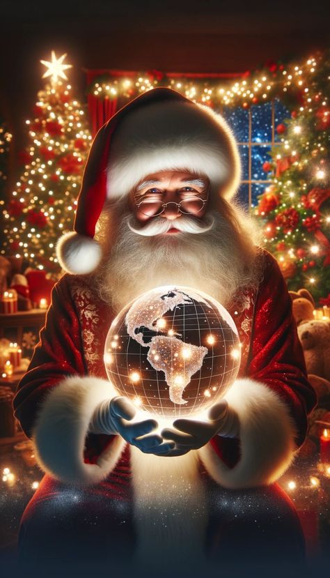 Santa Claus holding a globe with tiny lights representing all the children's homes he will visit Poses With Santa Photo Ideas, Santa Claus Pictures Image, Christmas Fantasy Art, Santa Claus Aesthetic, Beautiful Christmas Pictures, Backgrounds For Christmas, Santa Clus, Christmas Wallpaper For Iphone, Santa Wallpaper