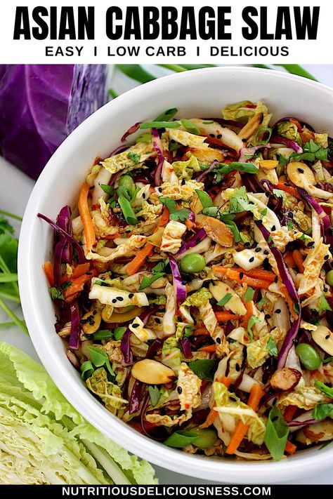 This beautiful Asian Cabbage Slaw is made with crisp cabbage and carrots, crunchy toasted almonds, and tender edamame. It's tossed in a homemade savory dressing loaded with Asian flavors. Slaw Side Dish, Asian Coleslaw Salad, Asian Slaw Dressing, Asian Cabbage Slaw, Traditional Coleslaw Recipe, Asian Cabbage, Cabbage And Carrots, Asian Coleslaw, Asian Slaw