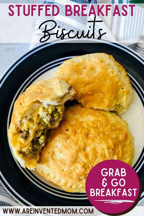 blue and white plate filled with stuffed breakfast biscuits with text overlay. Grand Biscuit Recipes, Breakfast Biscuit Recipe, Biscuits Breakfast, Frozen Biscuits, Sausage Biscuits, Pillsbury Grands, Easy Breakfast Recipe, Breakfast Biscuits, Breakfast Casserole Easy