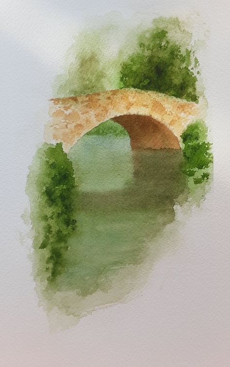 Aesthetic Watercolor Art Easy, Watercolor Bridge, Watercolour Landscapes, Watercolour Drawings, Watercolor Pencil Art, Watercolor House Painting, Watercolor Scenery, Watercolor Art Landscape, Watercolor Paintings Nature