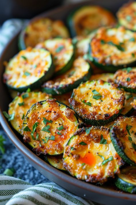 Roasted zucchini slices garnished with chopped parsley. Yellow Zucchini Recipes Air Fryer, Zucchini Recipes Crispy, Crispy Air Fryer Zucchini Chips, Zucchini Side Dish Recipes Air Fryer, Airfry Zucchini Fries, Zucchini Crisps Air Fryer, Fried Zucchini Recipe Air Fryer, Air Fryer Snap Peas, Zucchini Garlic Bites Air Fryer