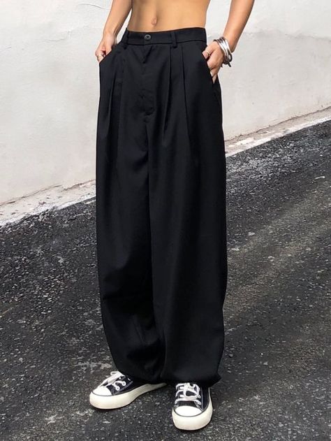 Black Casual Collar Woven Fabric Plain Straight Leg Embellished Non-Stretch Men Clothing Black Wide Leg Trousers Outfit, Wide Leg Trousers Outfit, Pants Outfit Men, Trouser Outfit, Black Wide Leg Trousers, Mens Pants Fashion, Streetwear Men Outfits, Mode Vintage, Retro Outfits