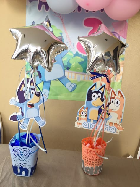 Diy Bluey Centerpieces, 4th Birthday Bluey Theme, Bluey Birthday Centerpieces Diy, Bluey Table Centerpieces, Bluey Table Decorations, Bluey Birthday Party Centerpieces, Bluey Party Centerpieces, Bluey Birthday Centerpieces, Bluey Centerpiece